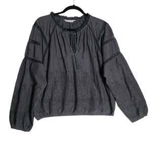 LUCKY BRAND Womens Charcoal Ladder Lace Top Embroidered Sz Medium Boho Peasant